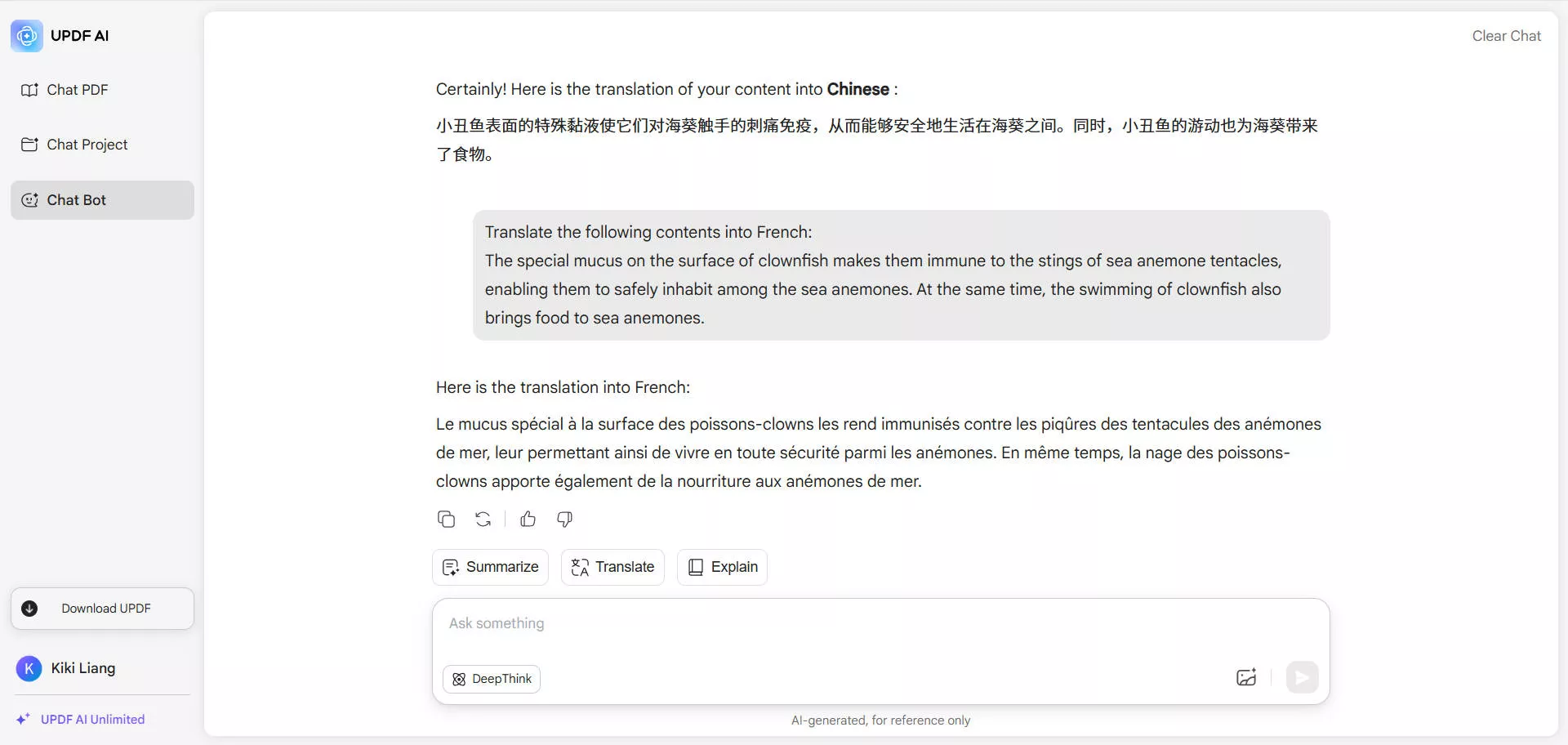 updf translate selected content