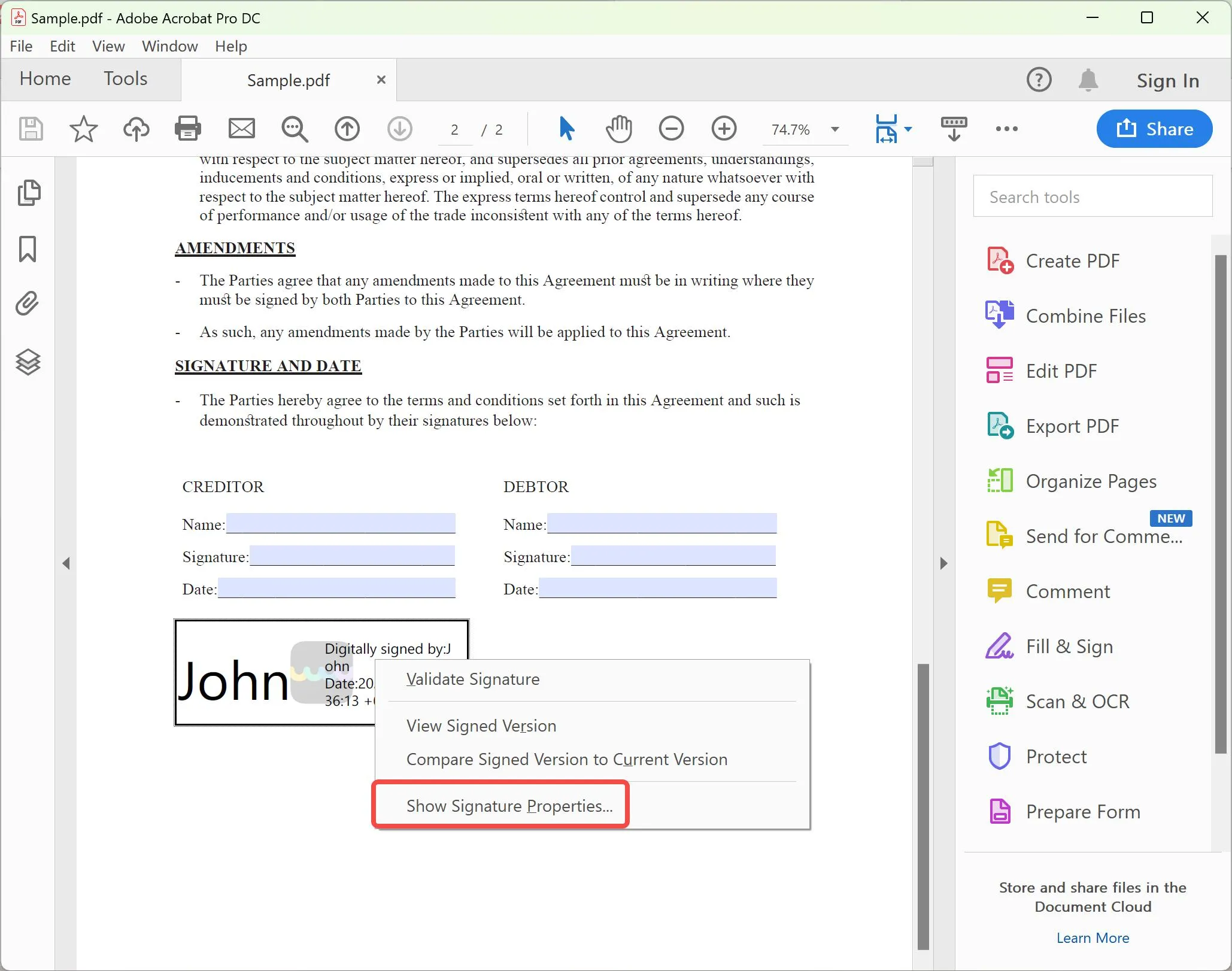 デジタル 署名 検証 adobe 署名のプロパティを表示
