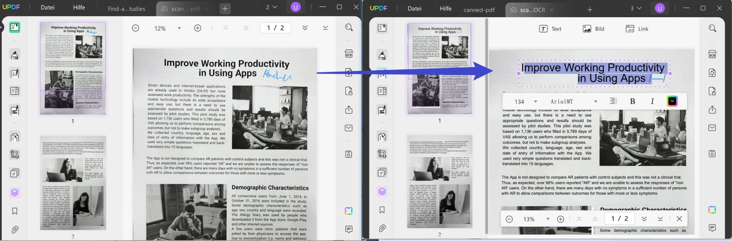 UPDFs OCR mit Originalformatierungsfunktion