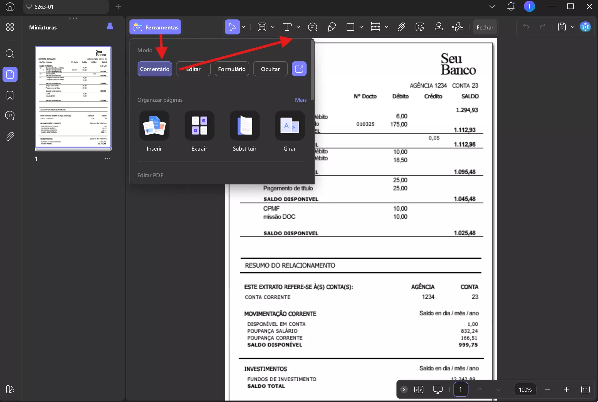 comentário de ferramentas no updf