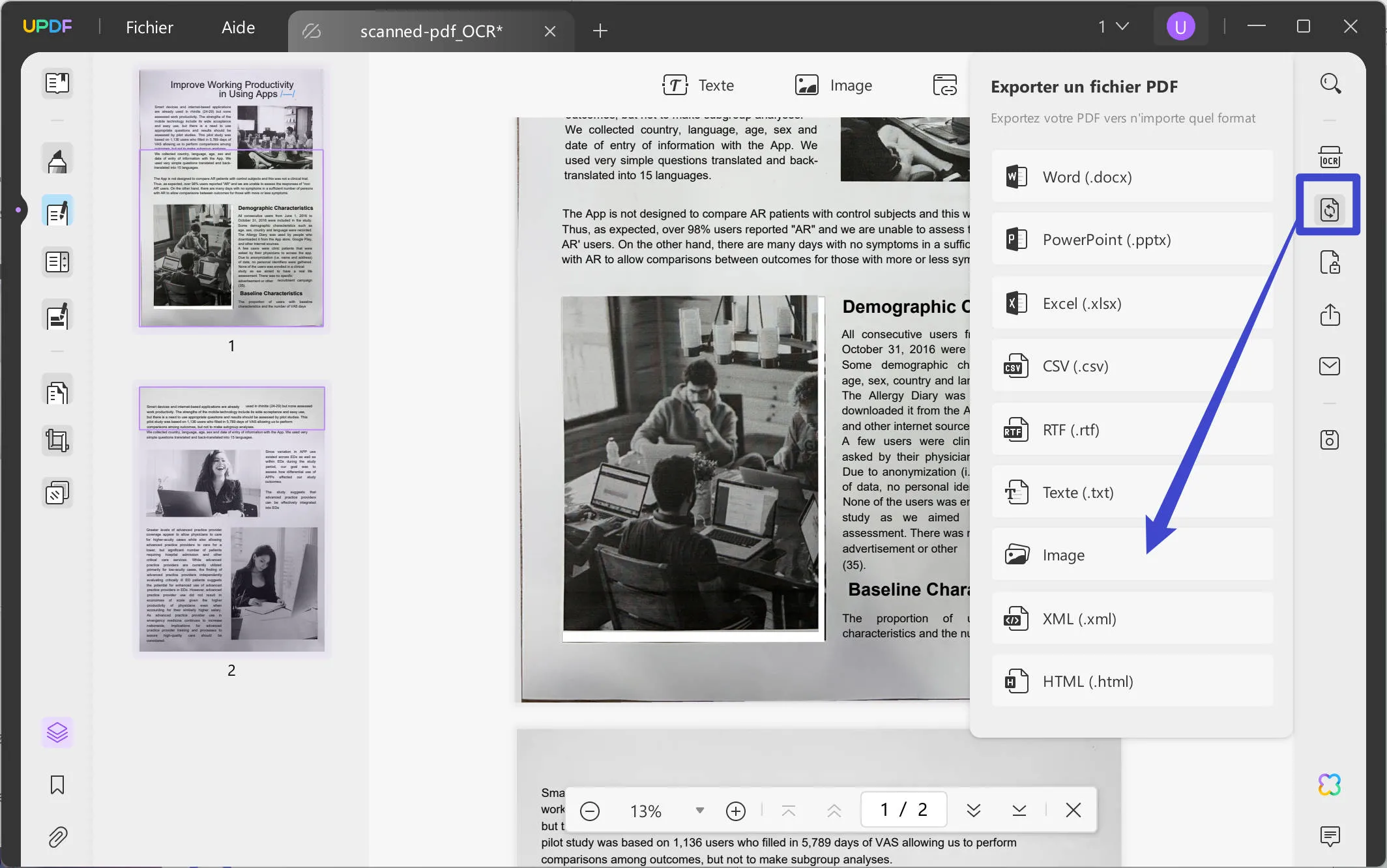 Redresser un PDF numérisé, convertir un PDF numérisé en images avec UPDF