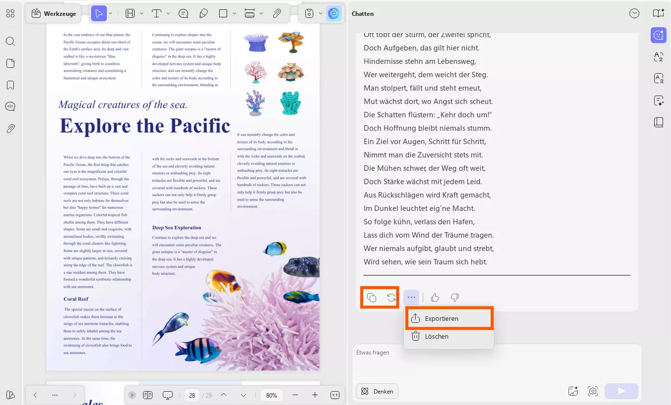 kopieren, regenerieren und exportieren von Gedichten in updf ai