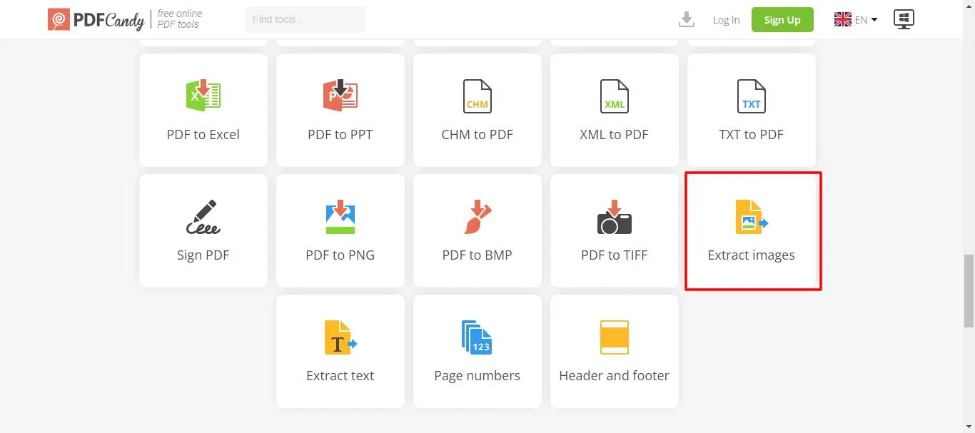 Extract images from PDF online click extract images in the PDF Candy