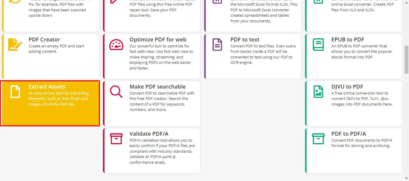 Extract images from PDF online click extract assets with pdf2go