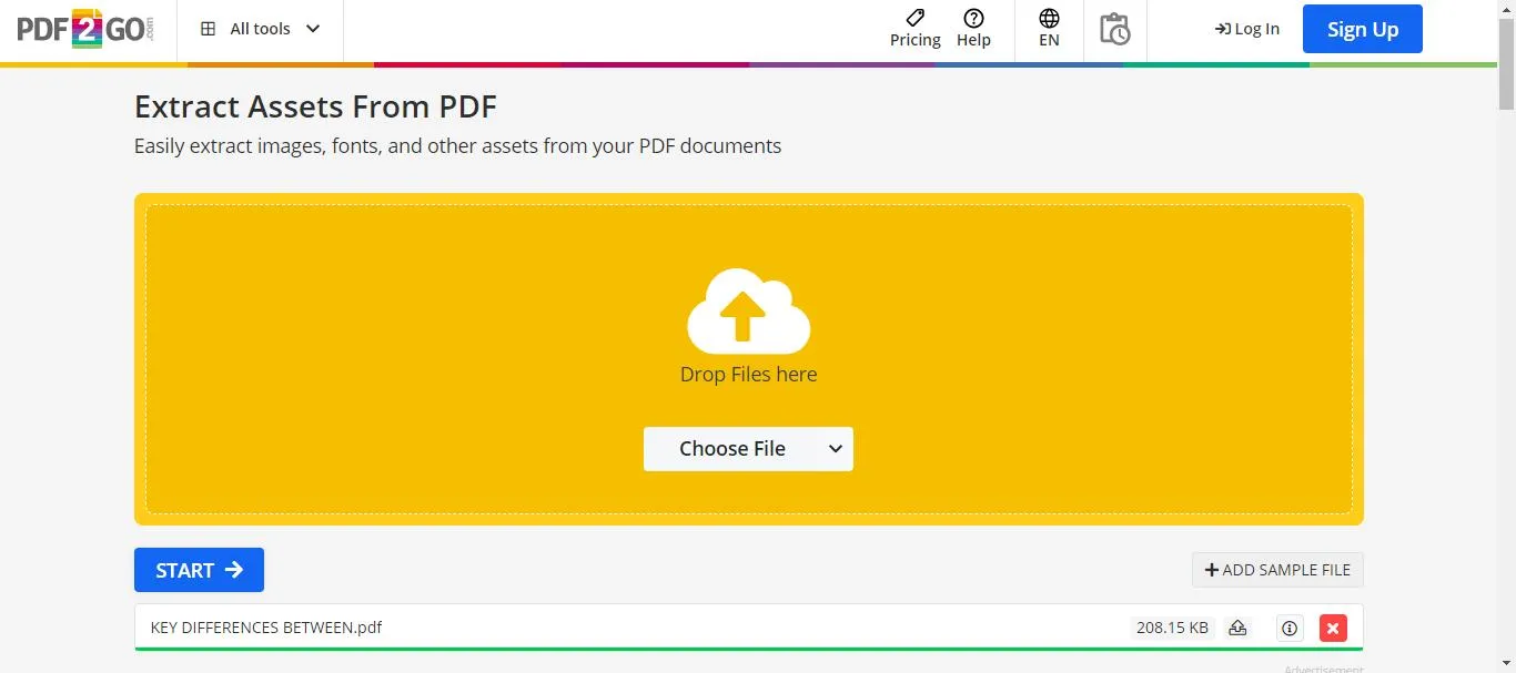 Extract images from PDF online upload a file and start the process with pdf2go