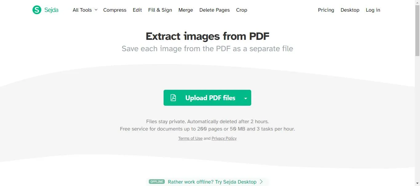 Extract images from PDF online click upload pdf files with sejda