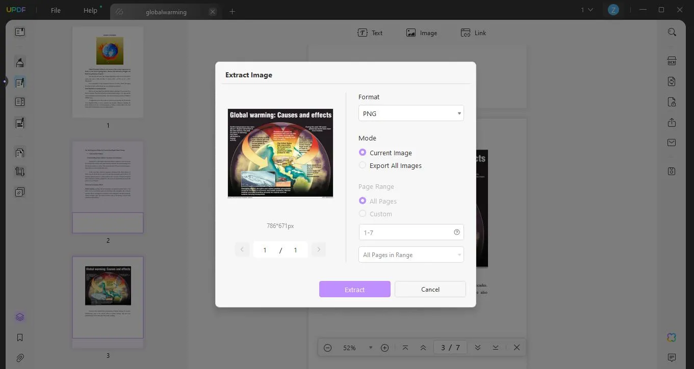 Extract images from PDF online select the format and mode, and click extract with UPDF
