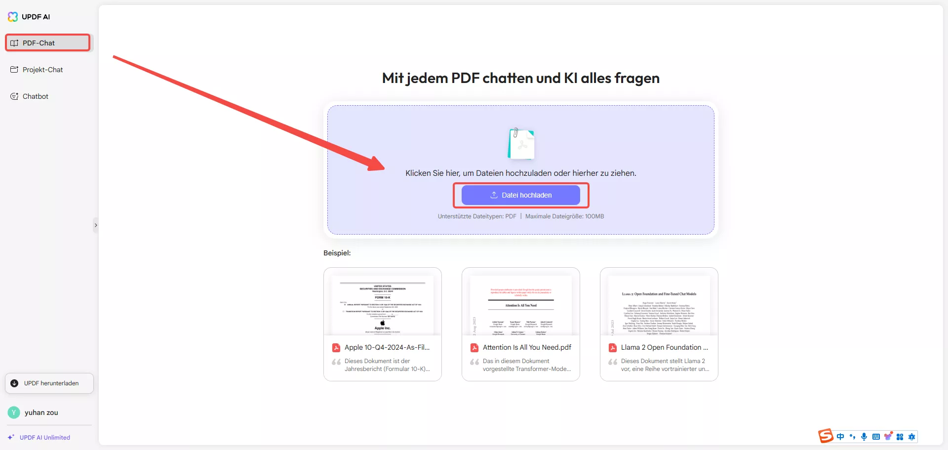 Datei in UPDF AI hochladen