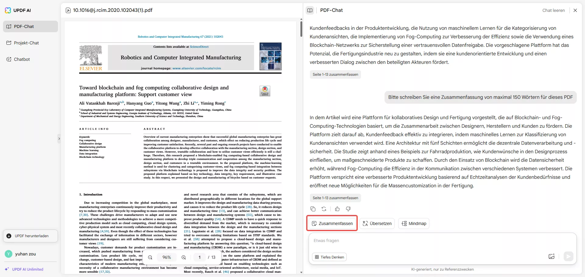 Zusammenfassen-Tab aufrufen