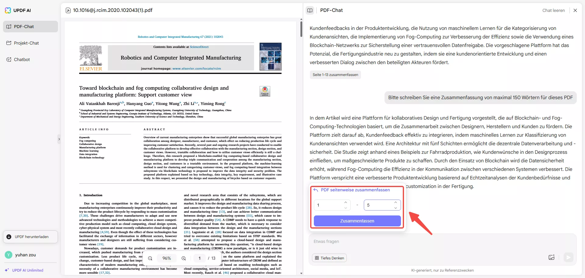 Seitenbereich für die Zusammenfassung festlegen