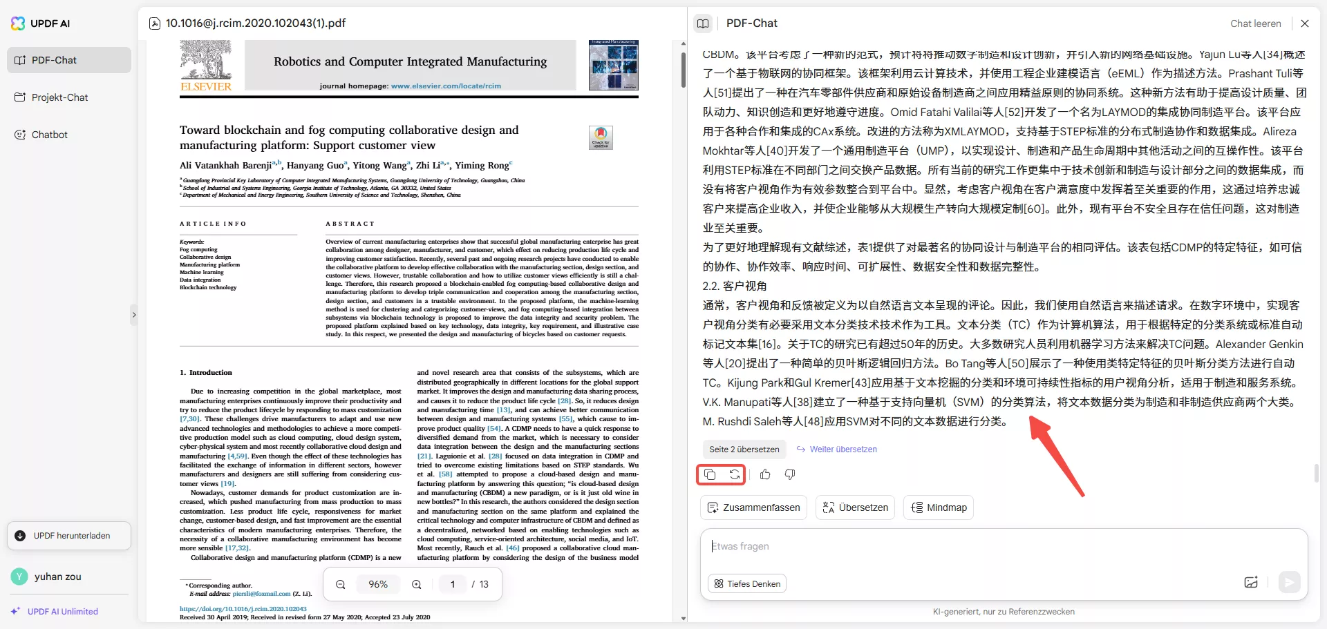 Übersetzten Text aus UPDF AI kopieren