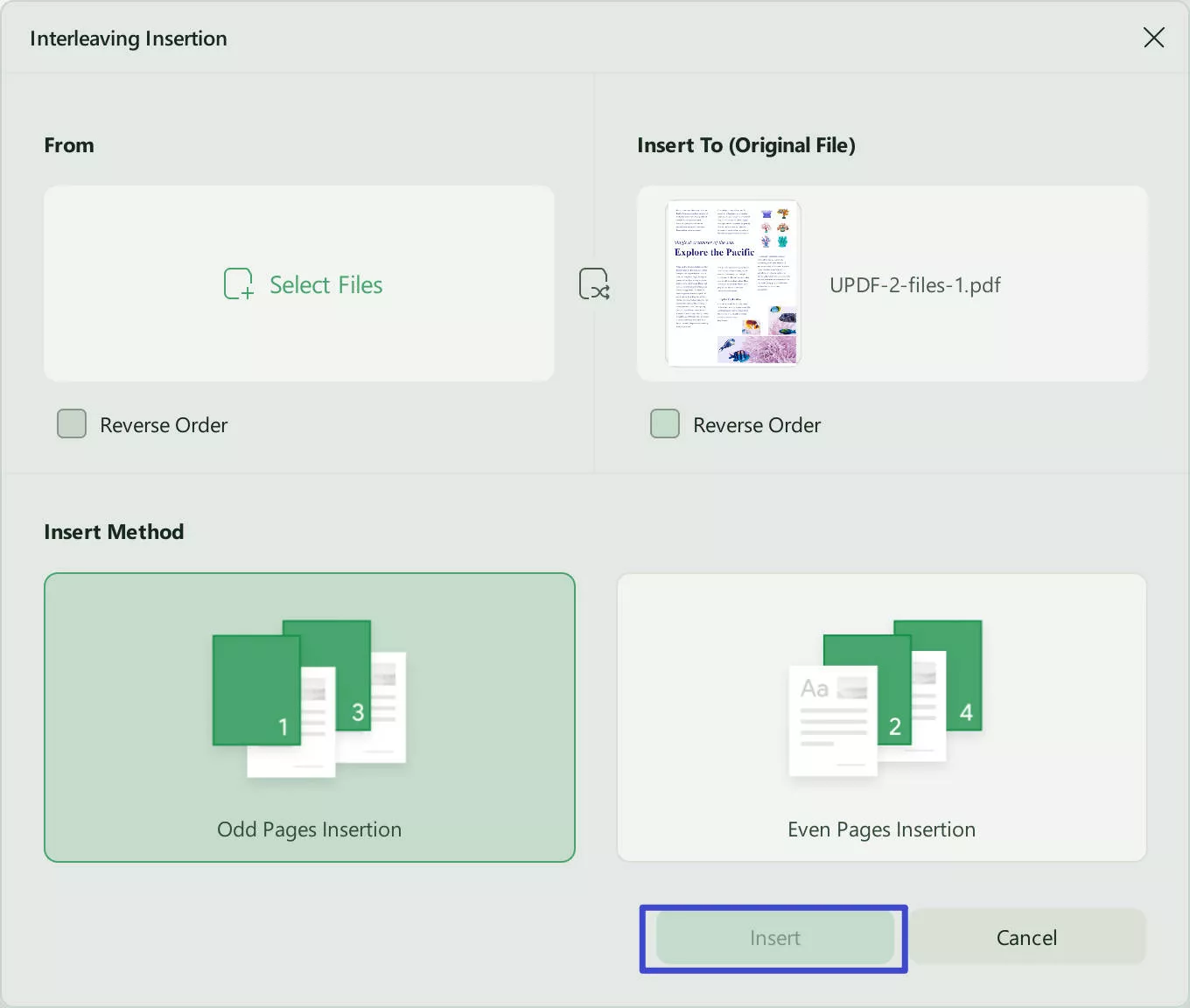 select insertion type and click insert to interleave pages with UPDF