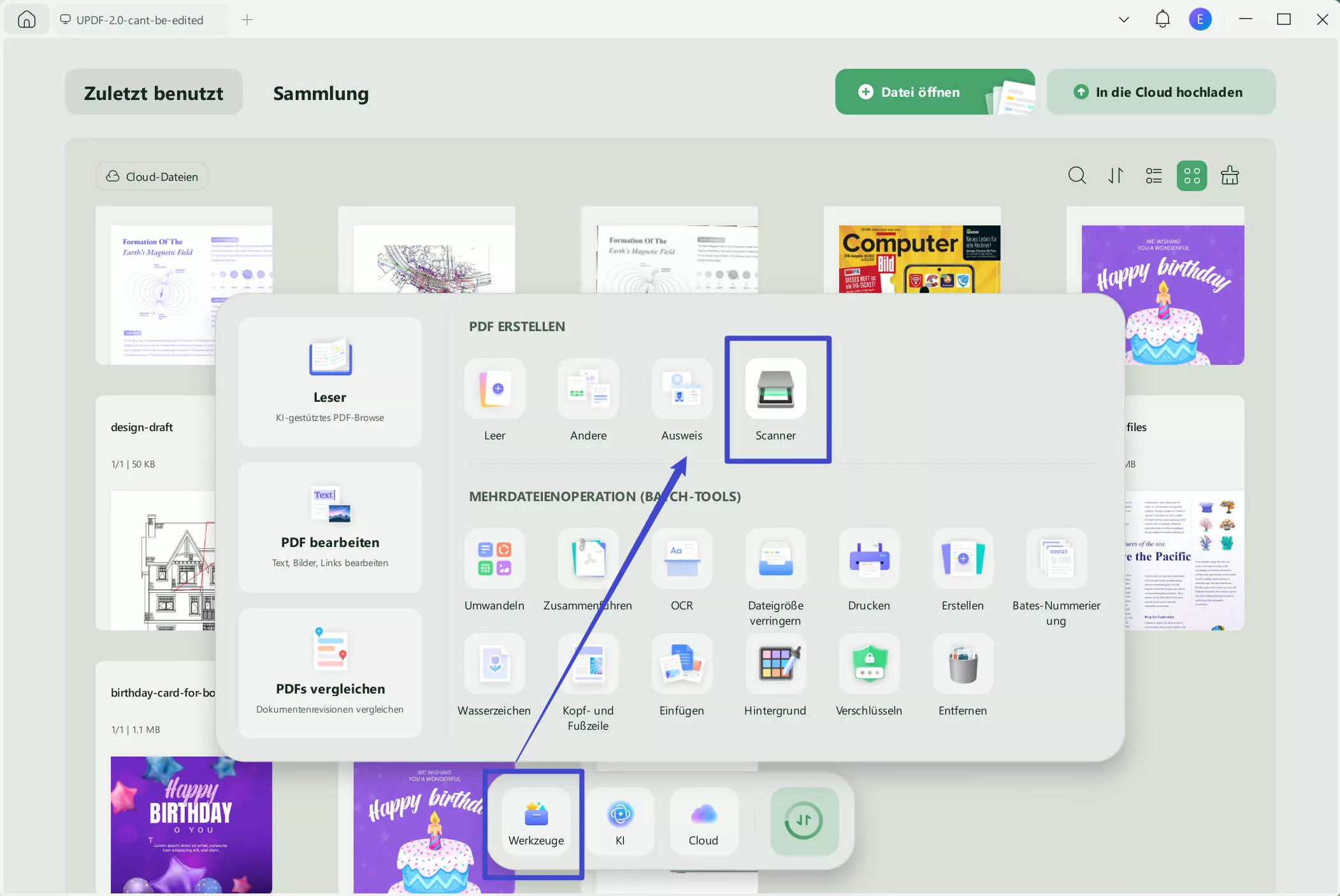 Starten Sie UPDF, gehen Sie zur „Werkzeuge“, wählen Sie „Scanner“.