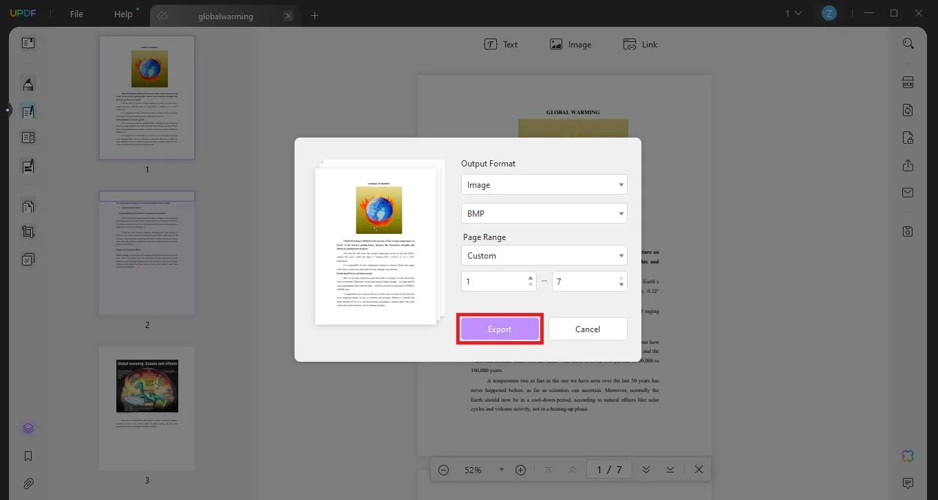 Extract images from PDF online select output format and page range and click export in UPDF