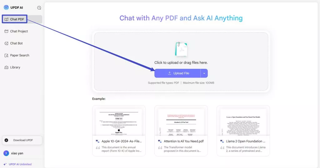 click upload file with UPDF's AI Assistant Online