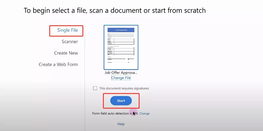 select the PDF form to start with Adobe Acrobat