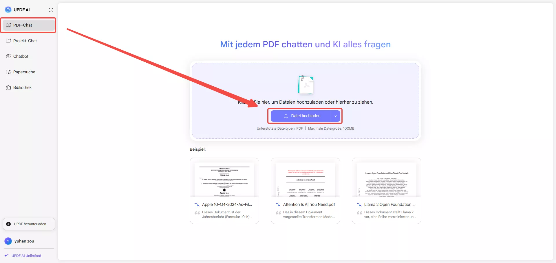 Datei hochladen updf ai chat pdf