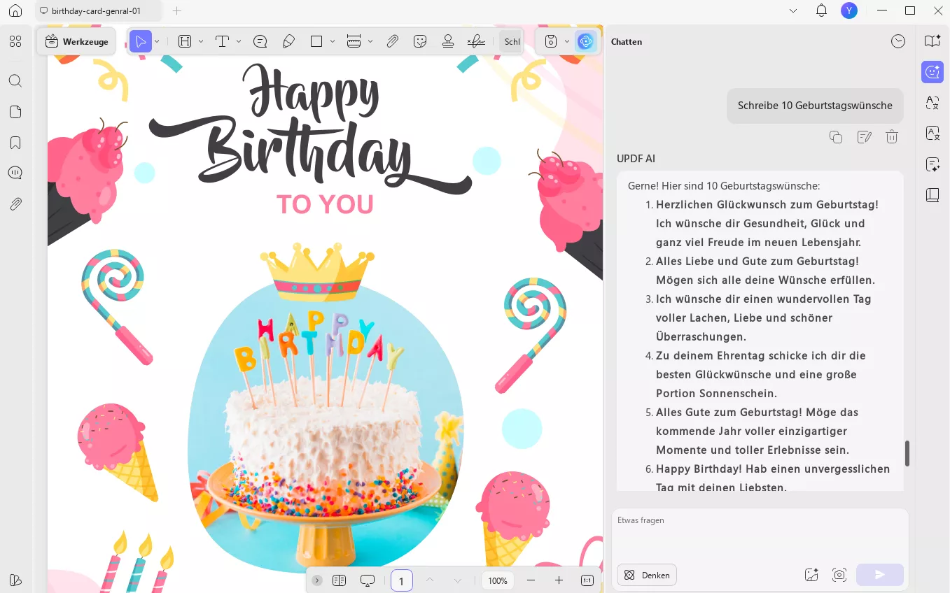 UPDF AI generierte Geburtstagswünsche