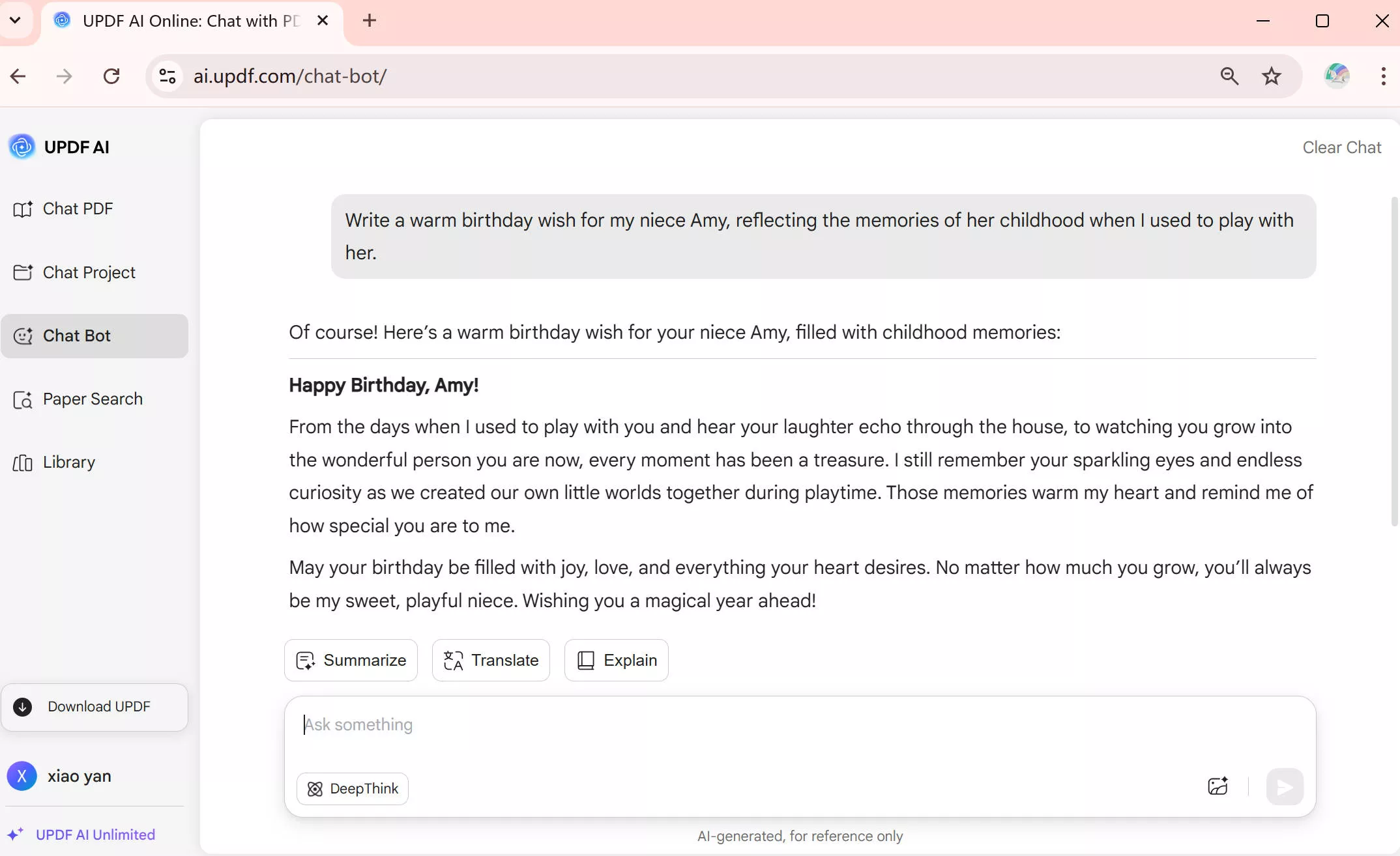 birthday wish for niece generated by updf online ai assistant.