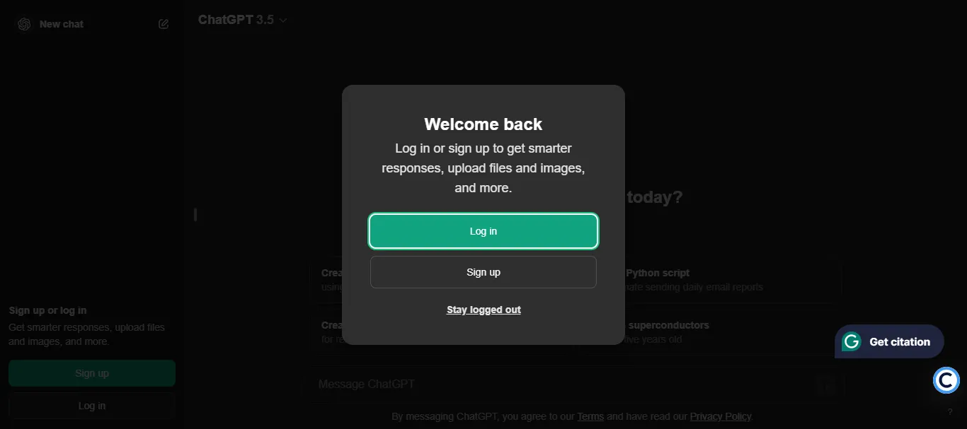 sign up or log in with chatgpt