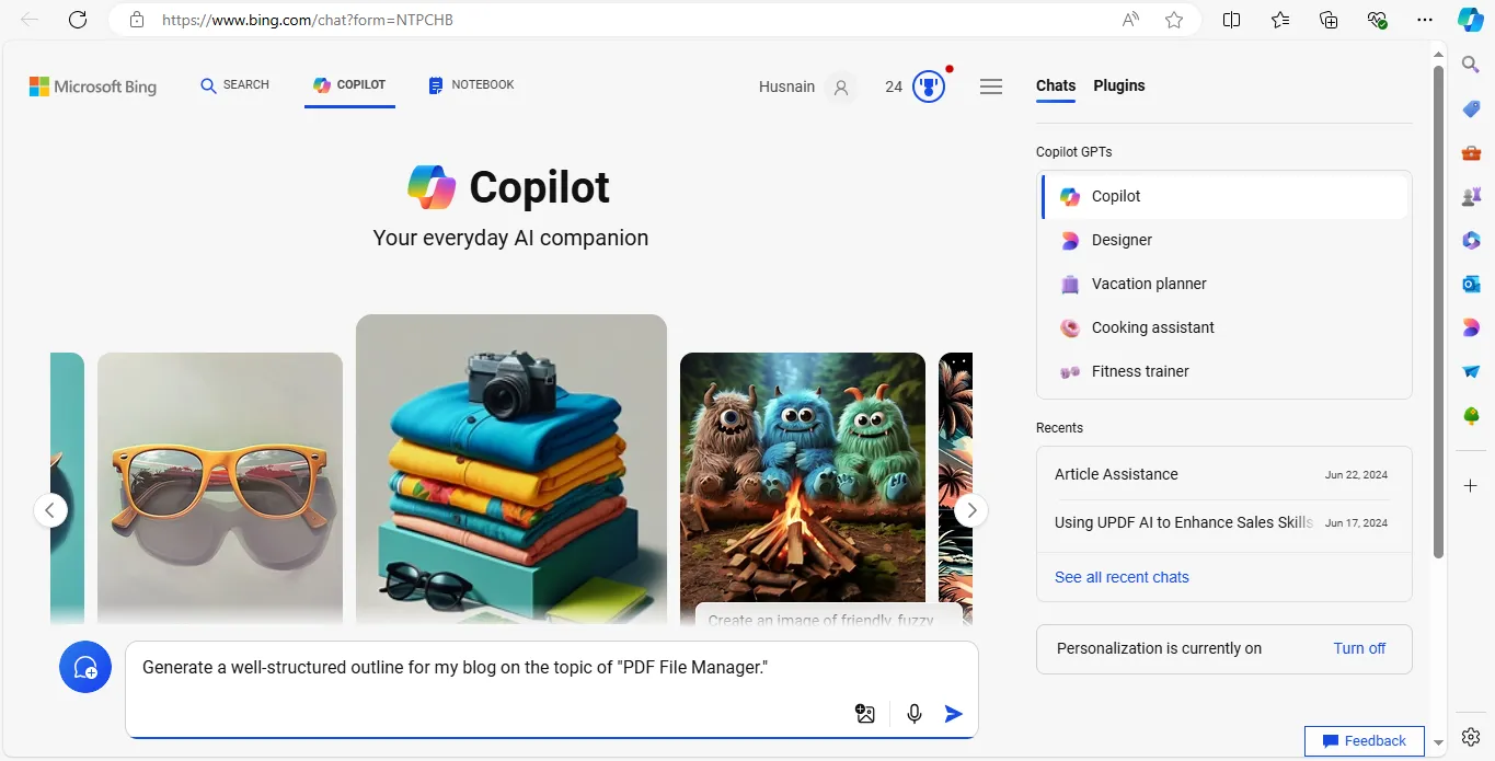 enter a prompt to generate an outline with copilot