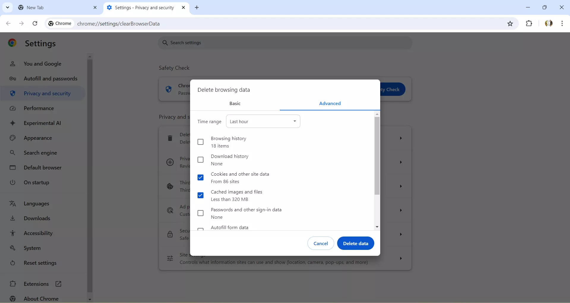 select cookies and other site date to clear