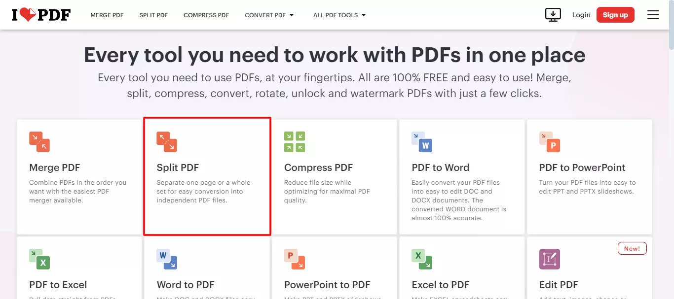 click the split pdf option in ilovepdf