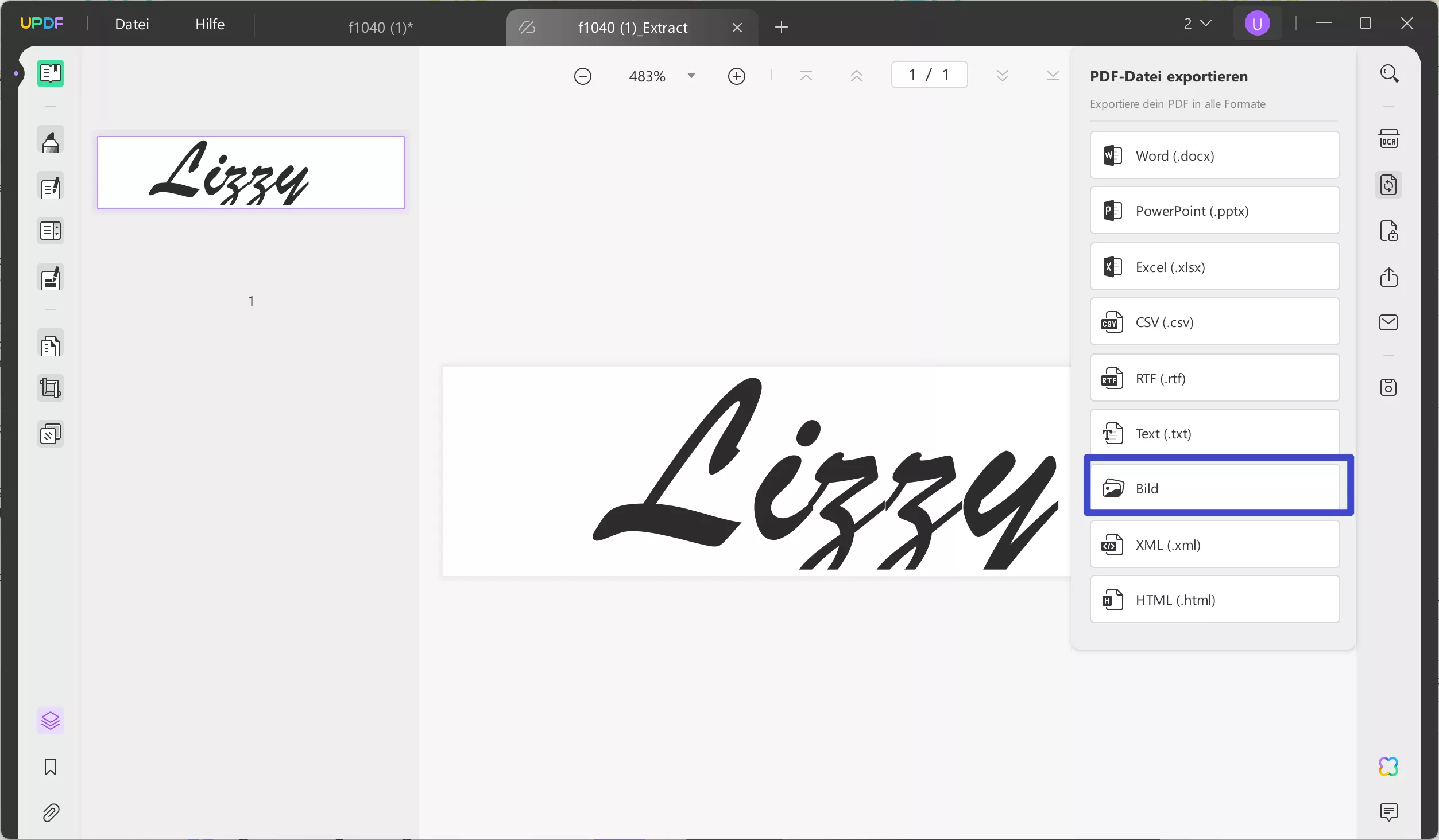 Exportieren Sie die zugeschnittene Signatur mit UPDF in das Bildformat