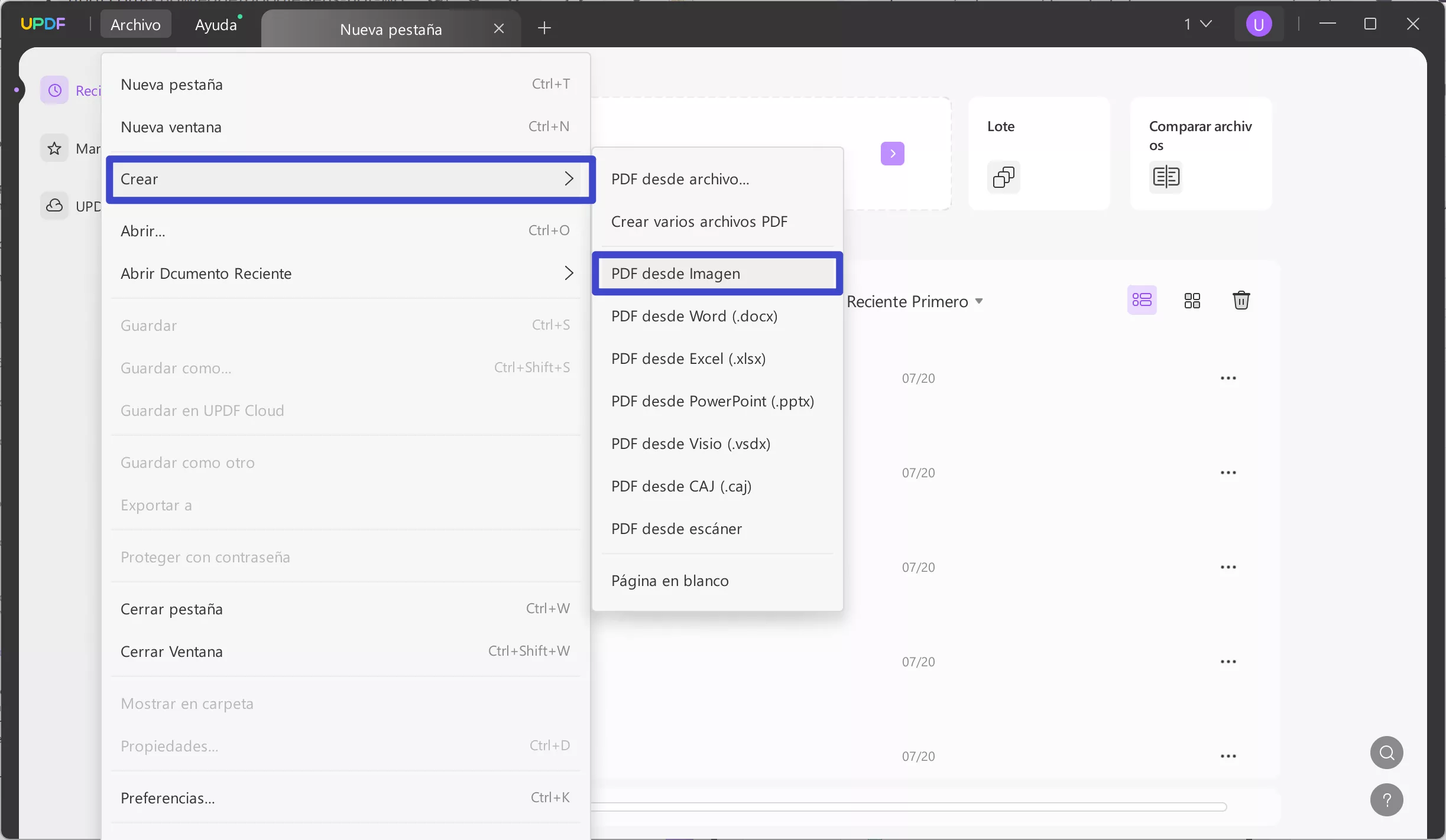 Seleccione el pdf desde el botón de imagen