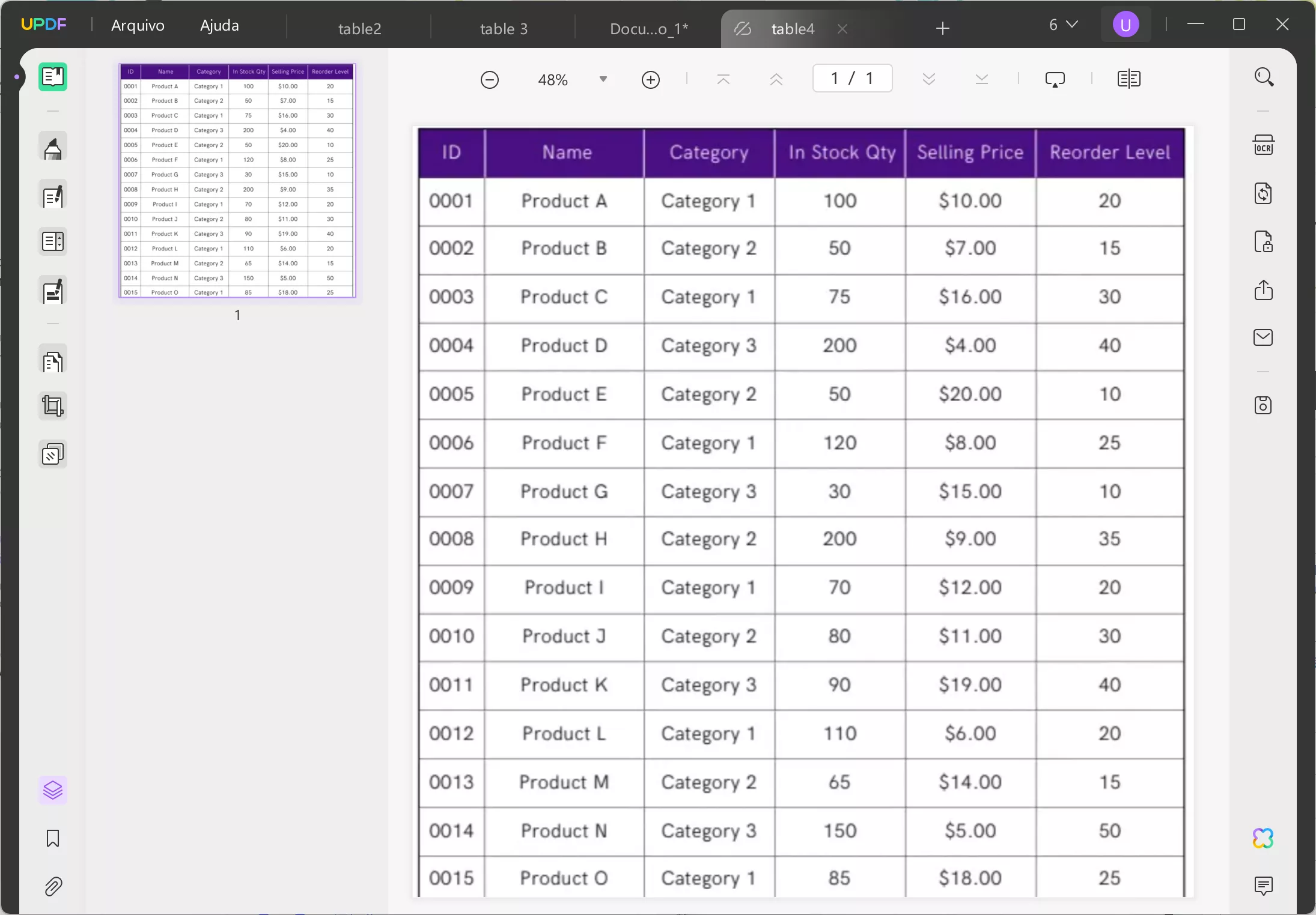 criar uma tabela em pdf abrir planilha