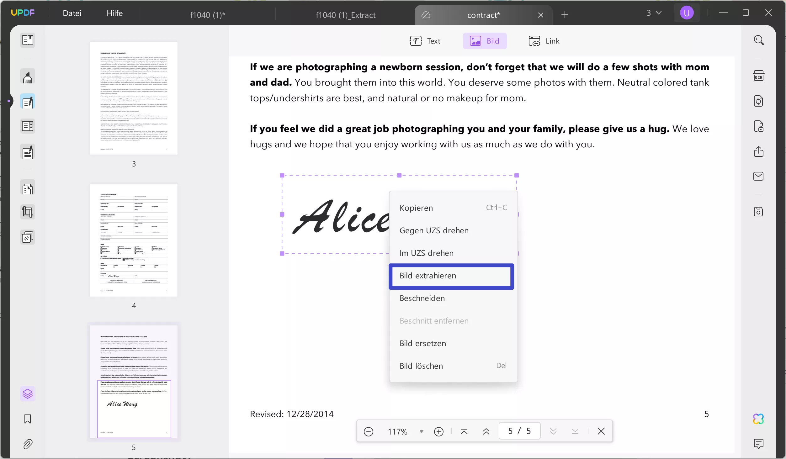 Bild extrahieren, um die zugeschnittene Signatur als Bild mit UPDF zu speichern