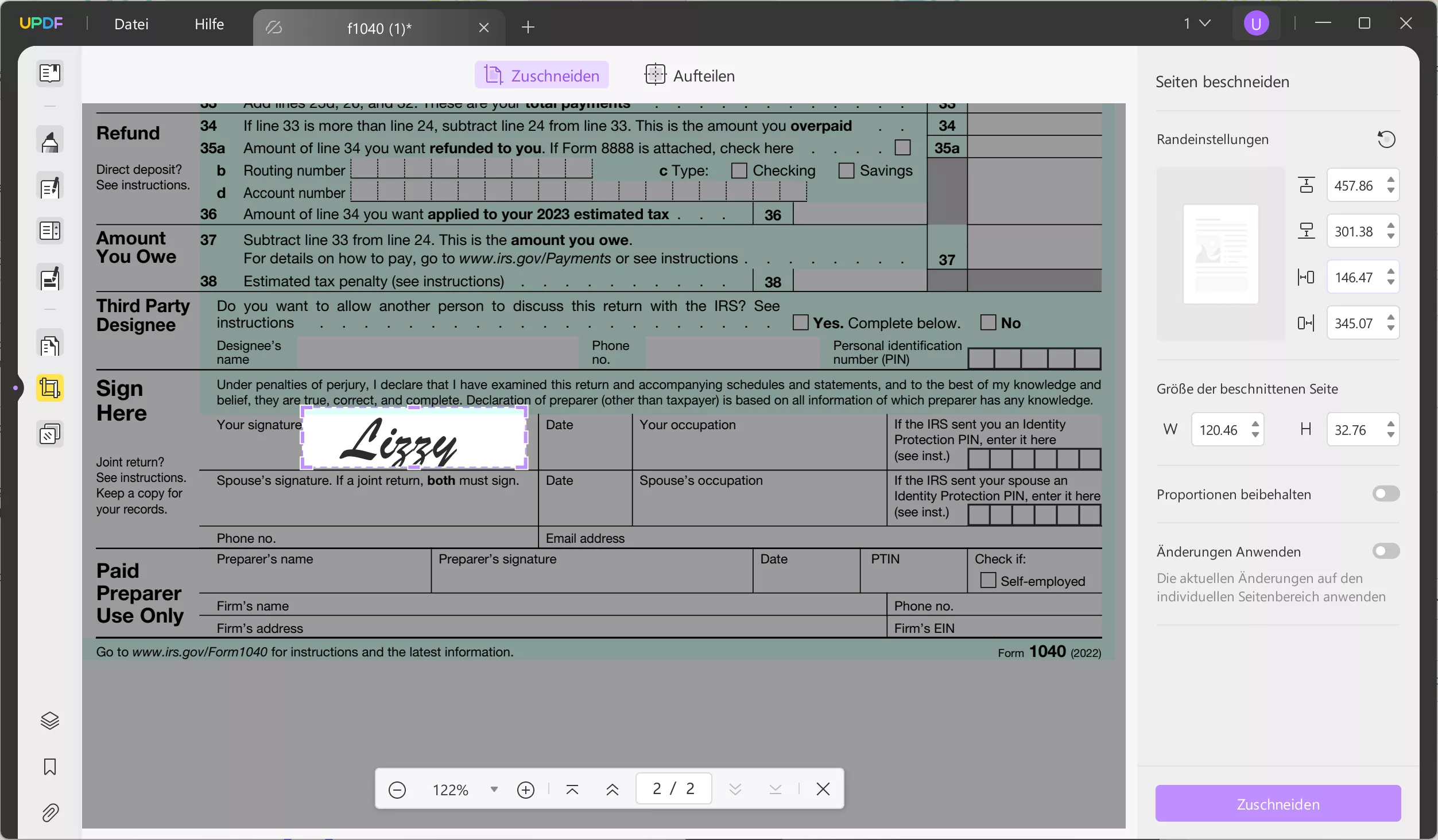 Anpassen zum Zuschneiden der PDF-Signatur mit UPDF