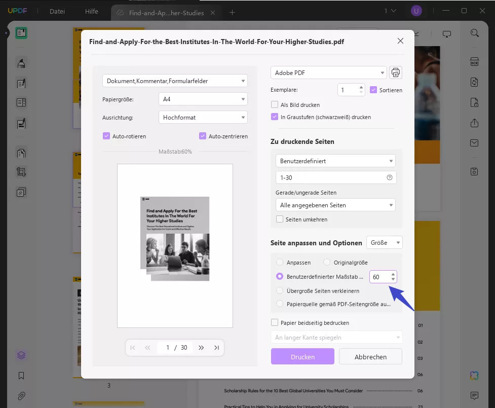 Wie drucke ich ein vergrößertes PDF-Ausgabeformat?