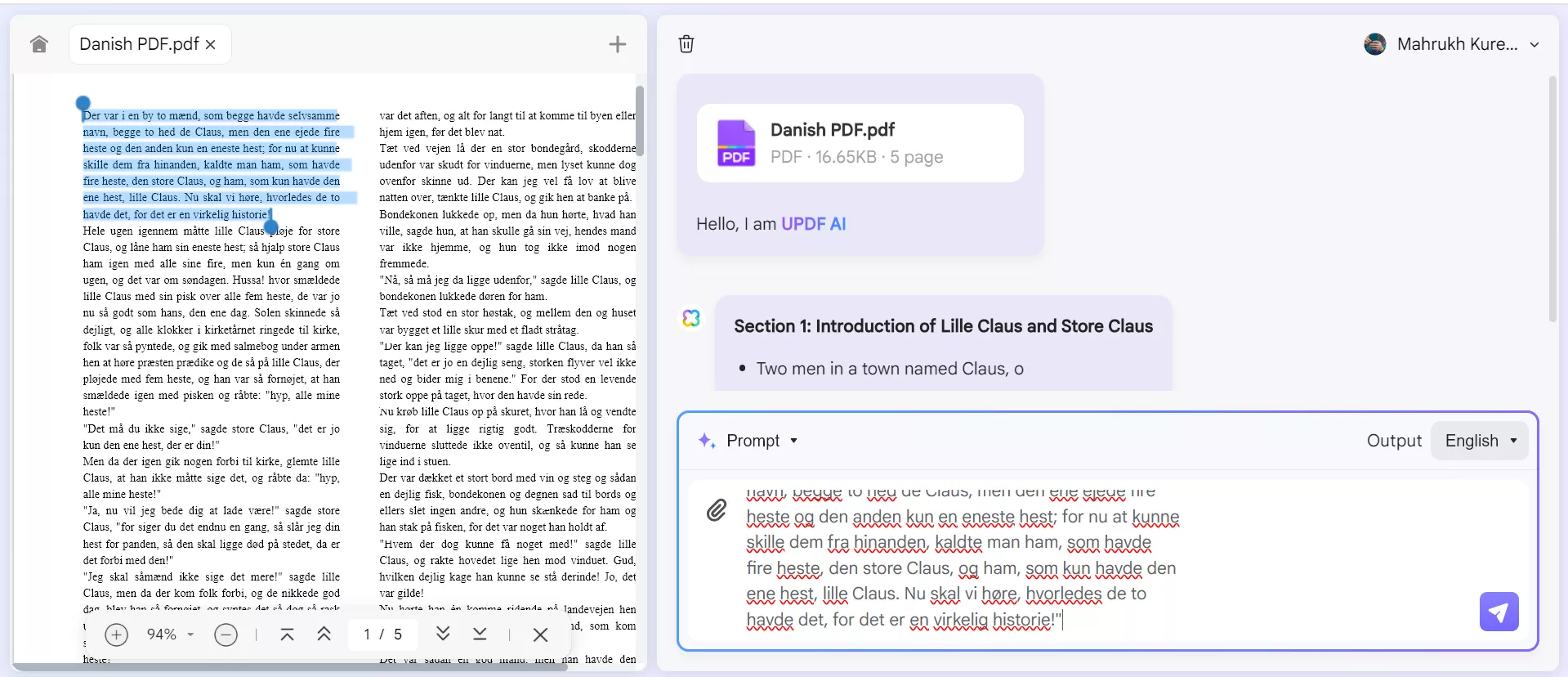select text to translate and enter the relevant prompt with UPDF's Online AI Assistant