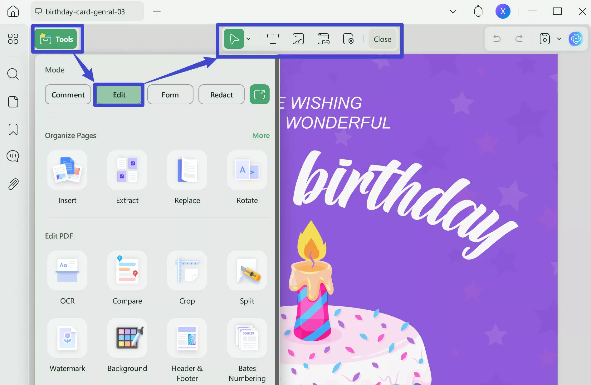 edit the birthday wish card template with UPDF