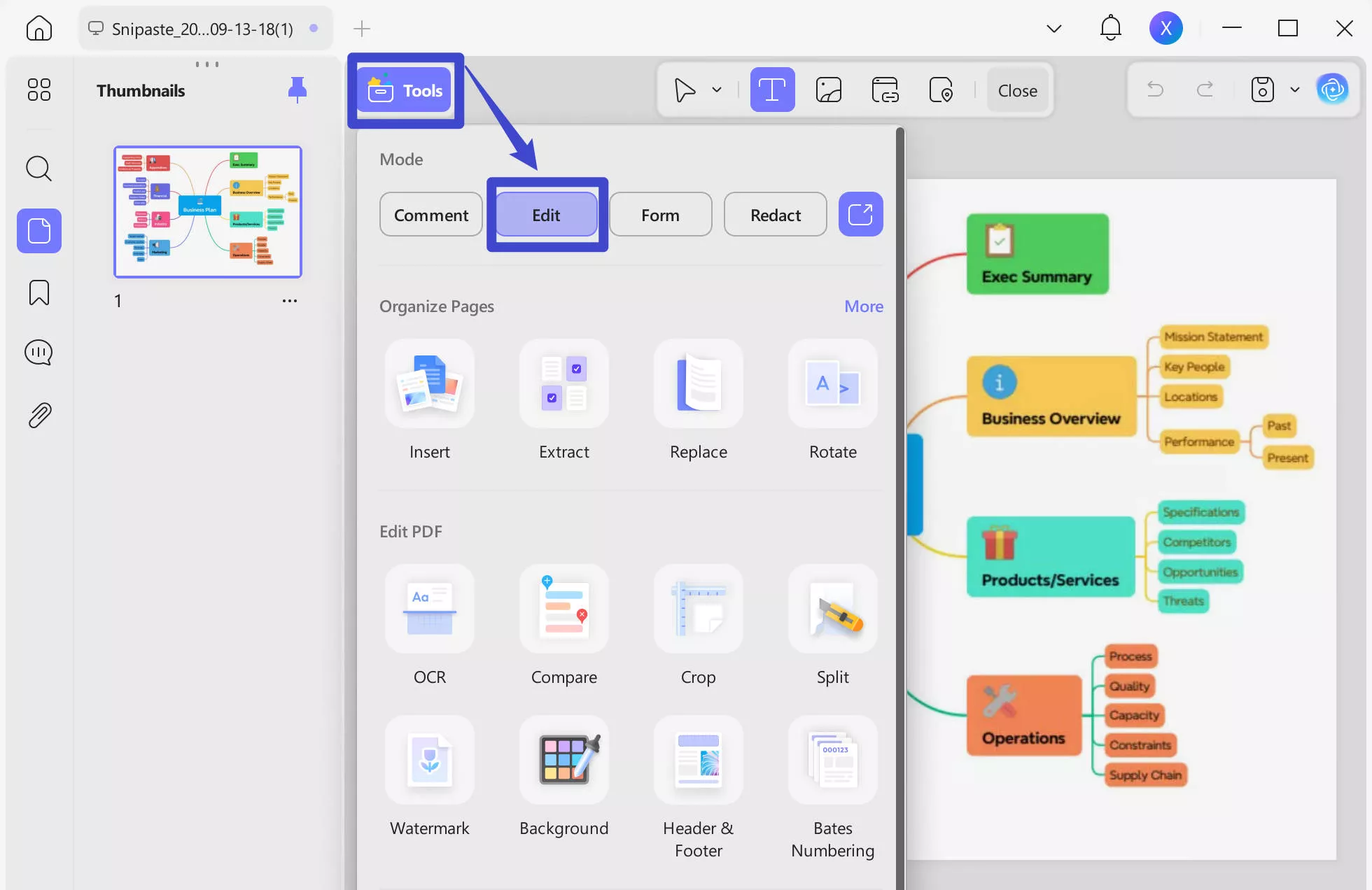 click on the edit pdf to edit the pdf mind map with updf