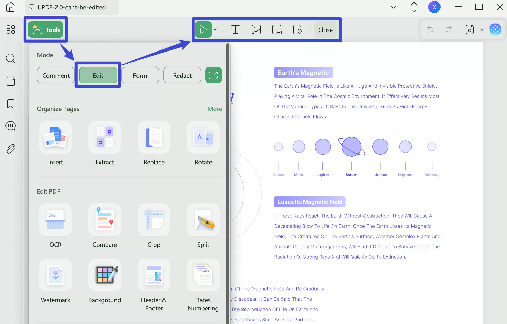 select the tools from the toolbar to add elements in updf