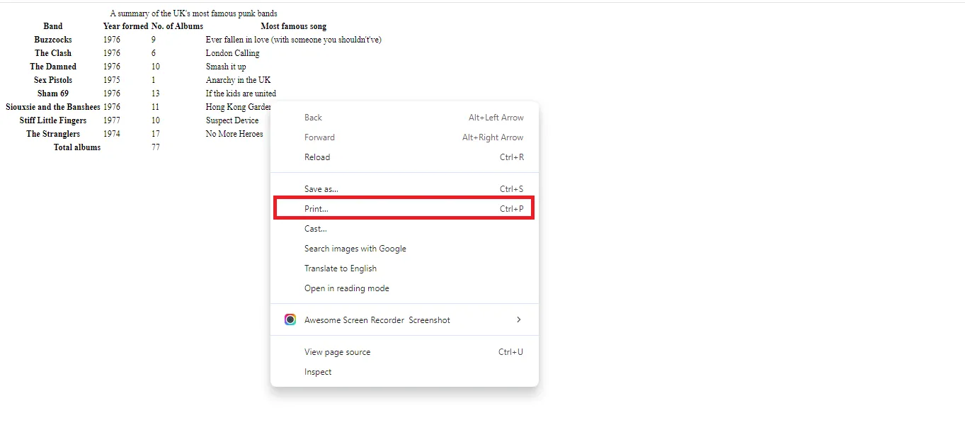 right-click and select print to convert html table to PDF with browser