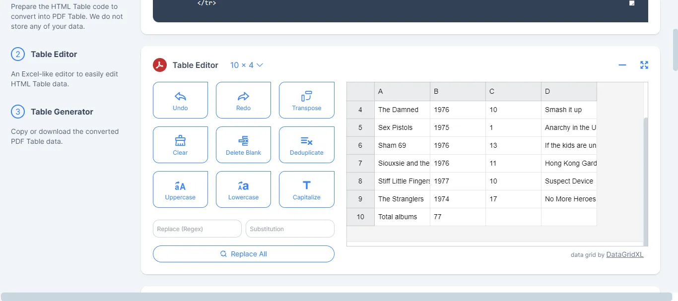 edit the table in tableconvert website