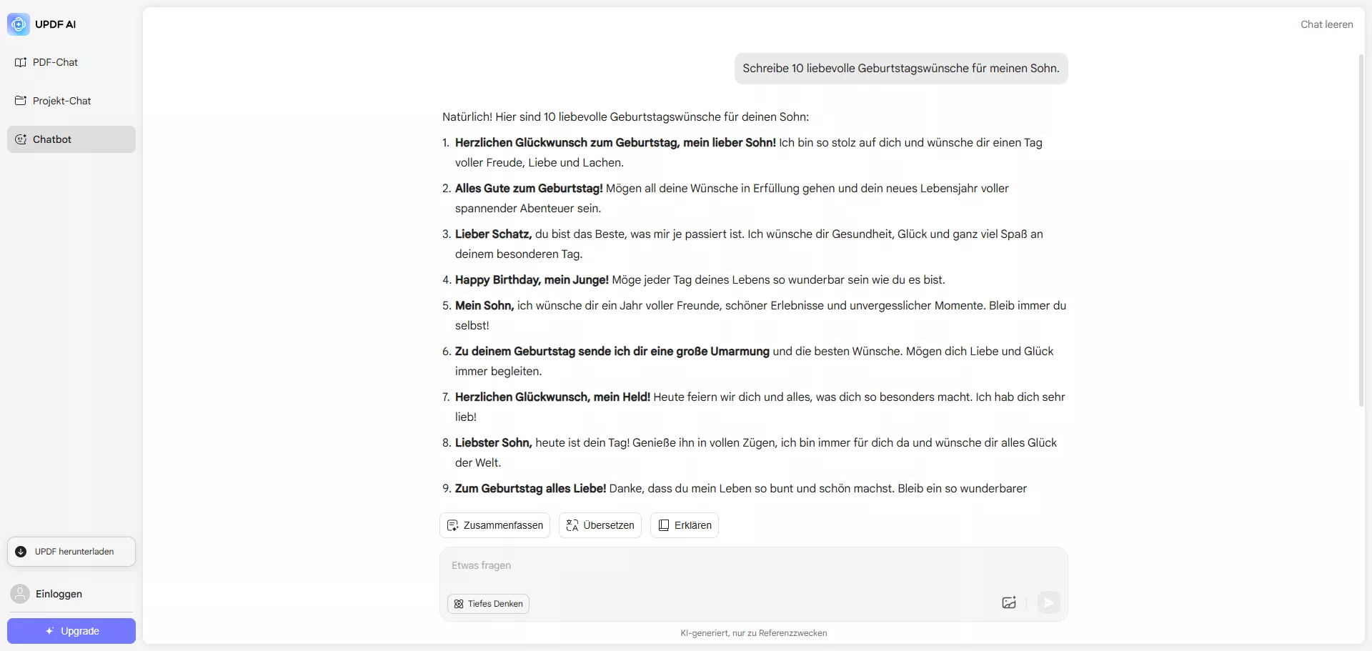 UPDF AI Web Geburtstagswünsche für den Sohn