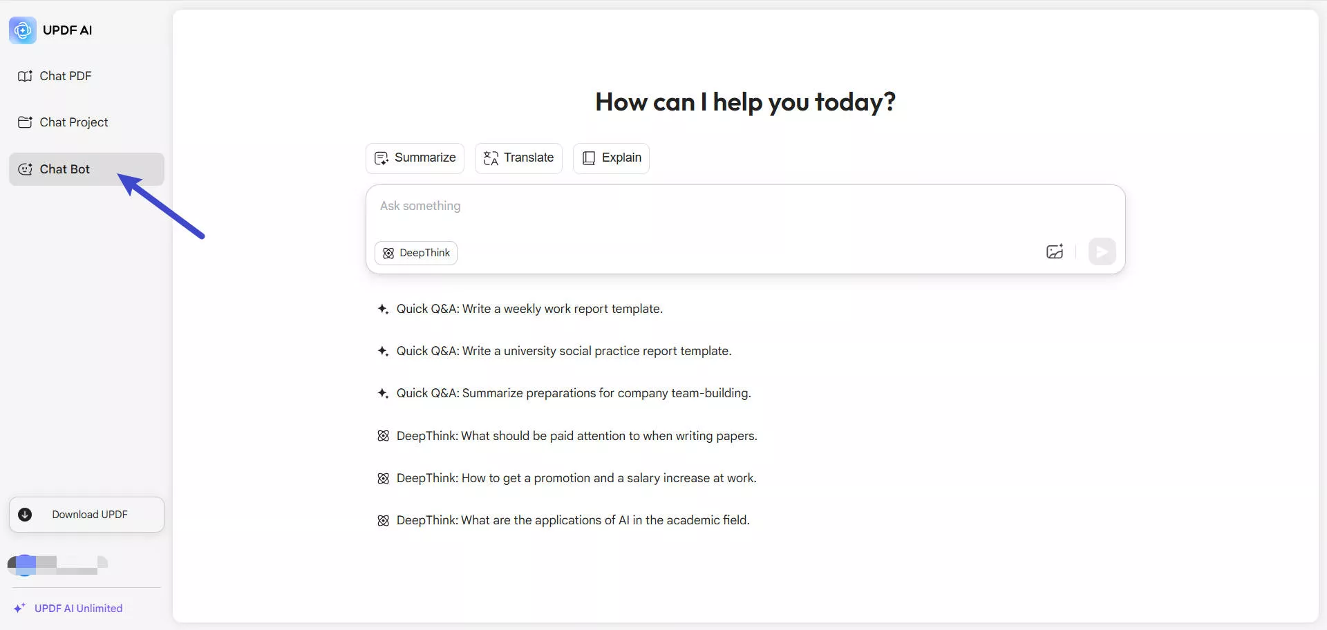 navigate to chat bot in updf ai