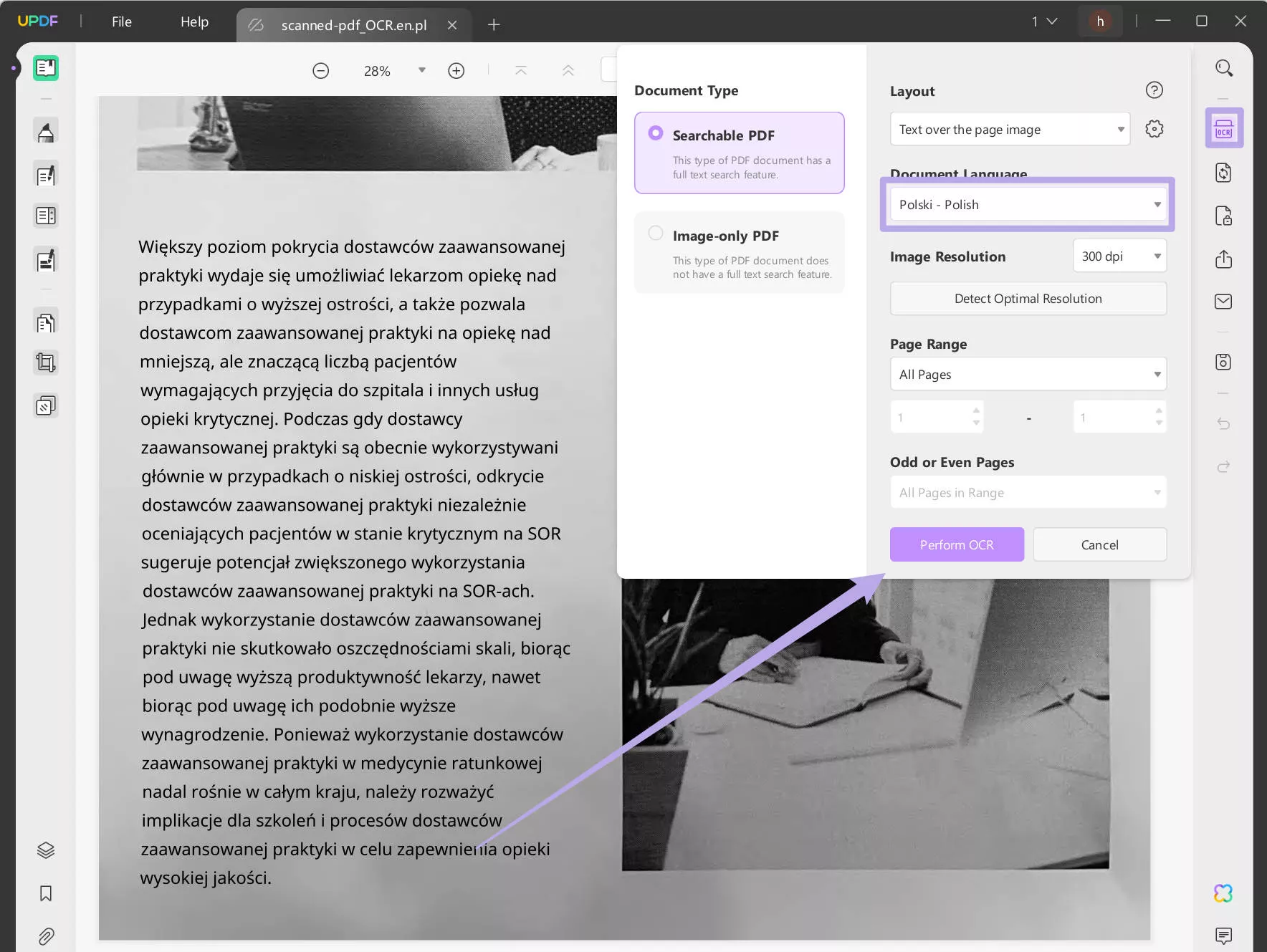 Perfom OCR on the Polish scanned PDF with UPDF on WIndows