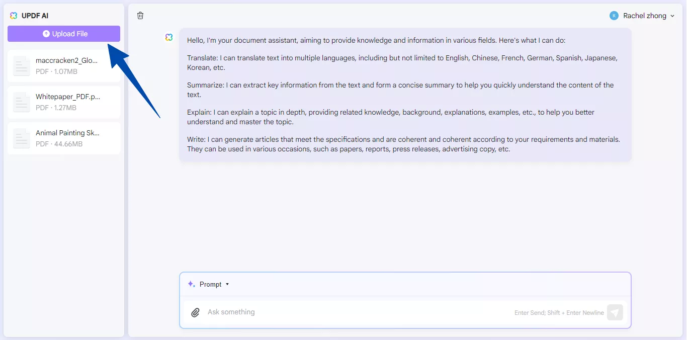 kliknij przycisk prześlij plik w updf ai online