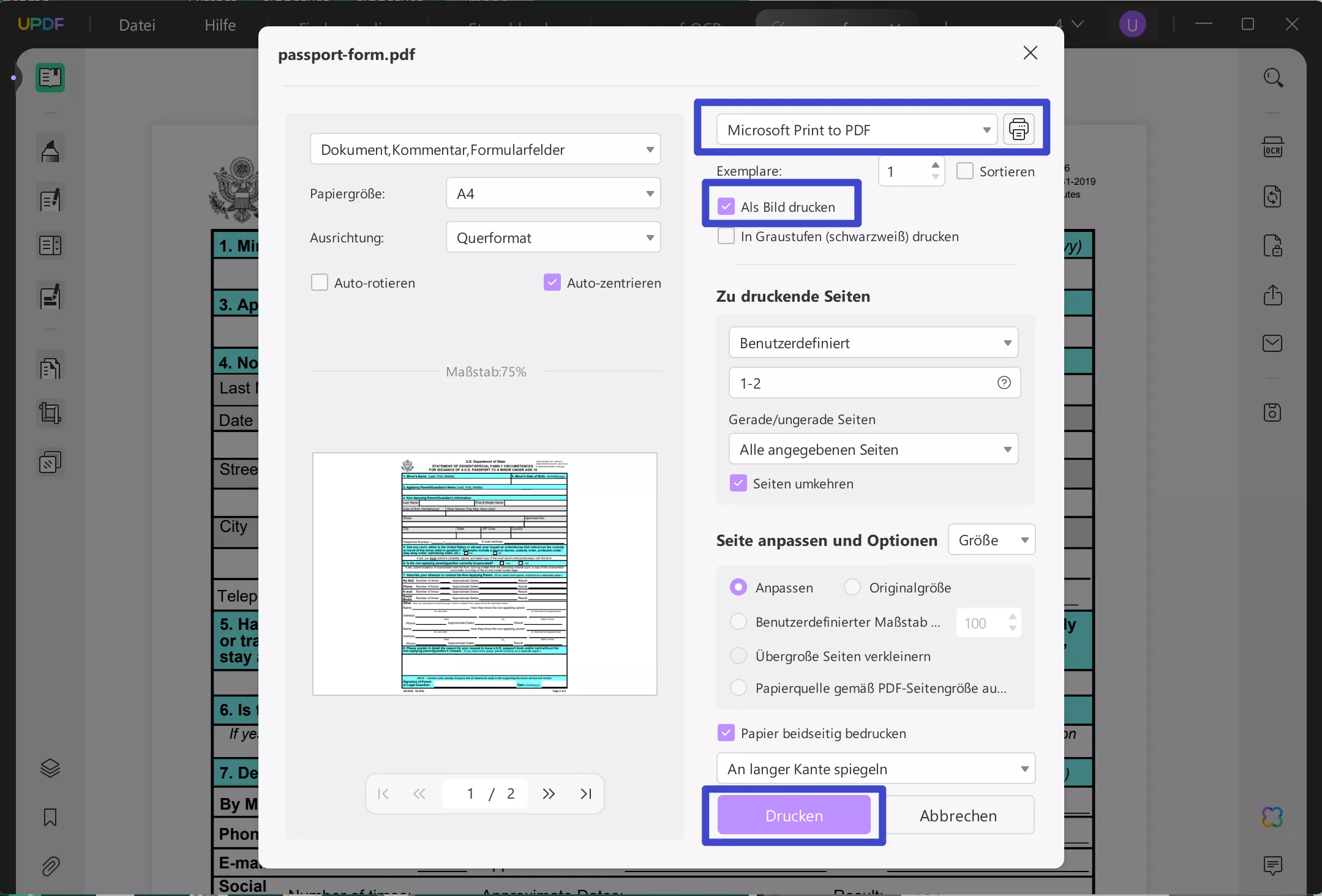 Als Bild drucken, um ausfüllbare PDF-Formulare mit UPDF in normales PDF umzuwandeln