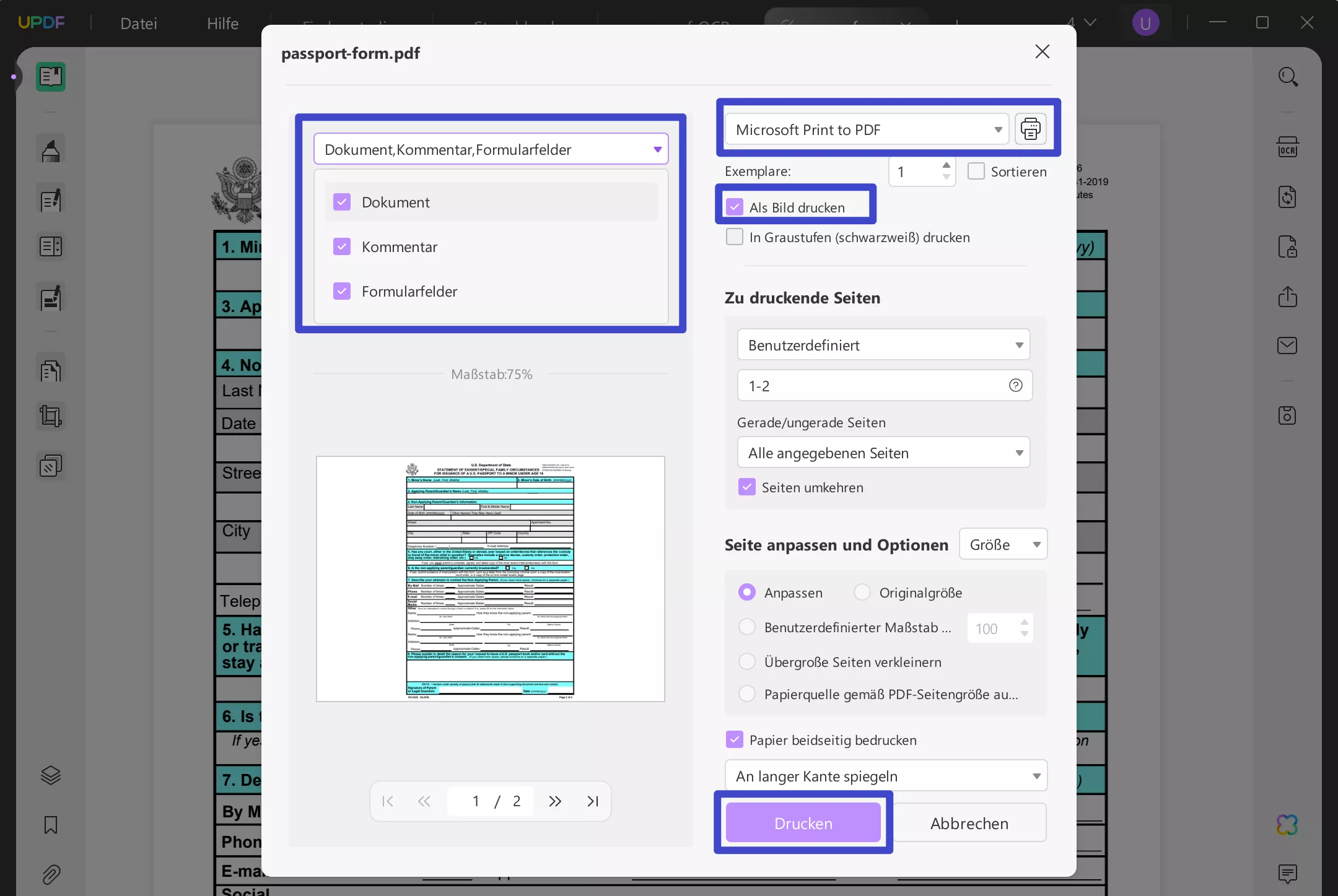 Passen Sie die UPDF-Druckeinstellungen an, um ausfüllbare PDF-Formulare mit UPDF in normales PDF zu konvertieren