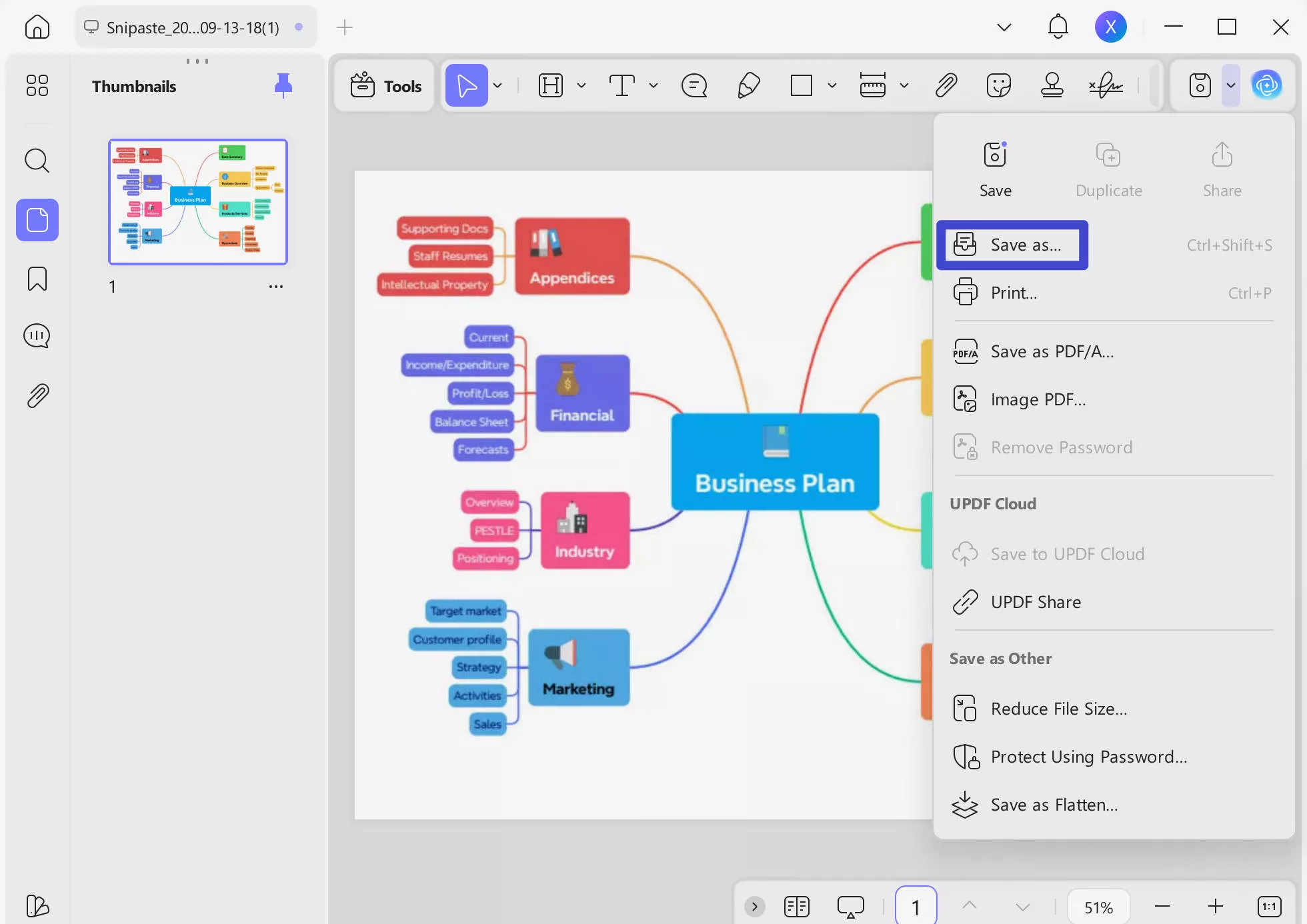 save the final pdf mind map file with updf