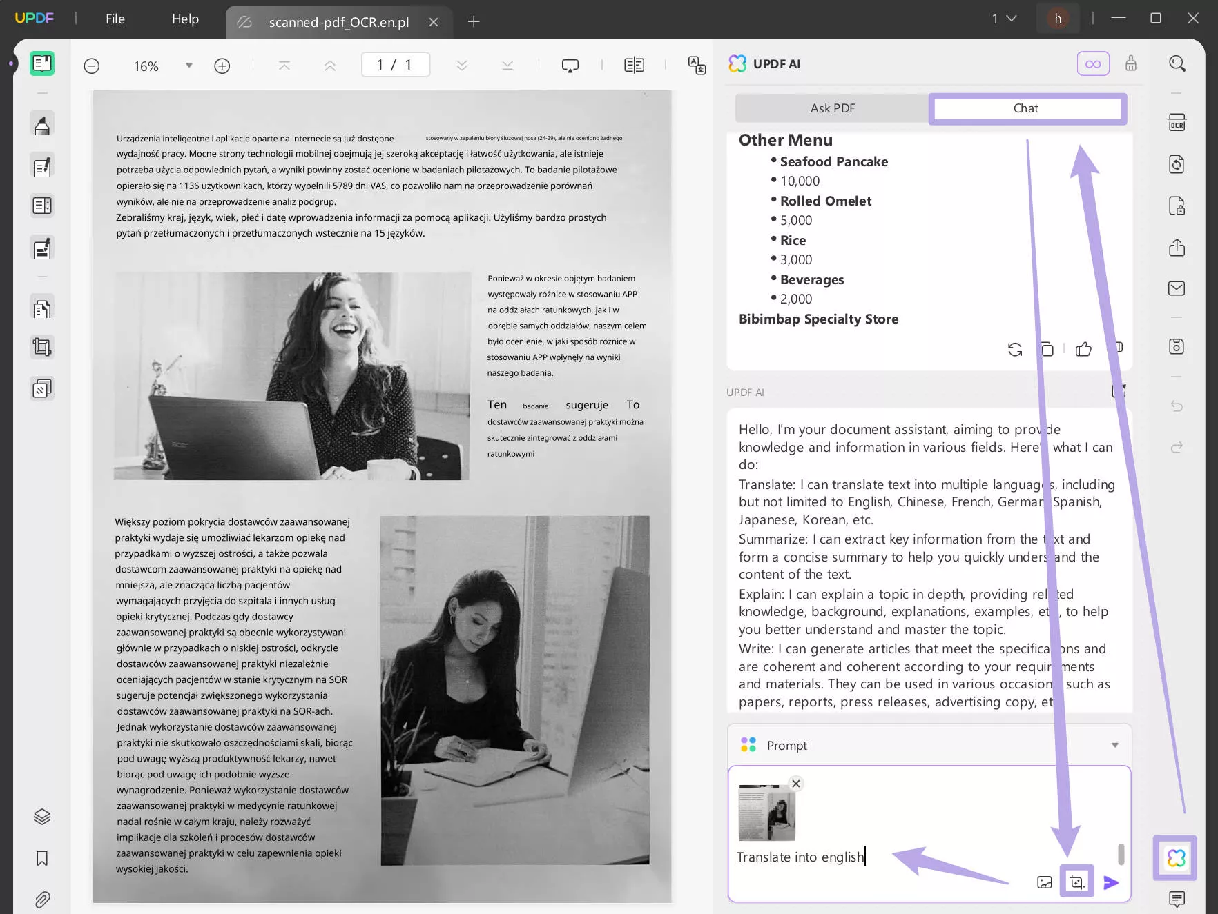 Screenshot to translated scanned Polish PDF to English with UPDF on Windows