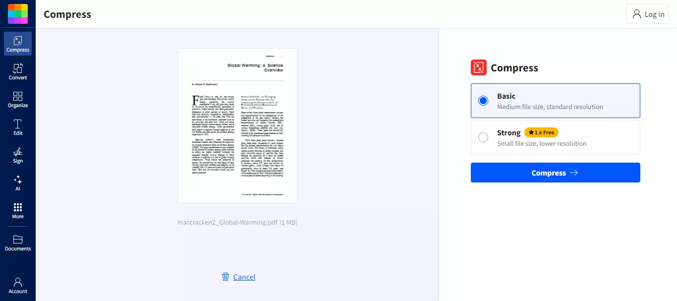 select the compression intensity and proceed in smallpdf