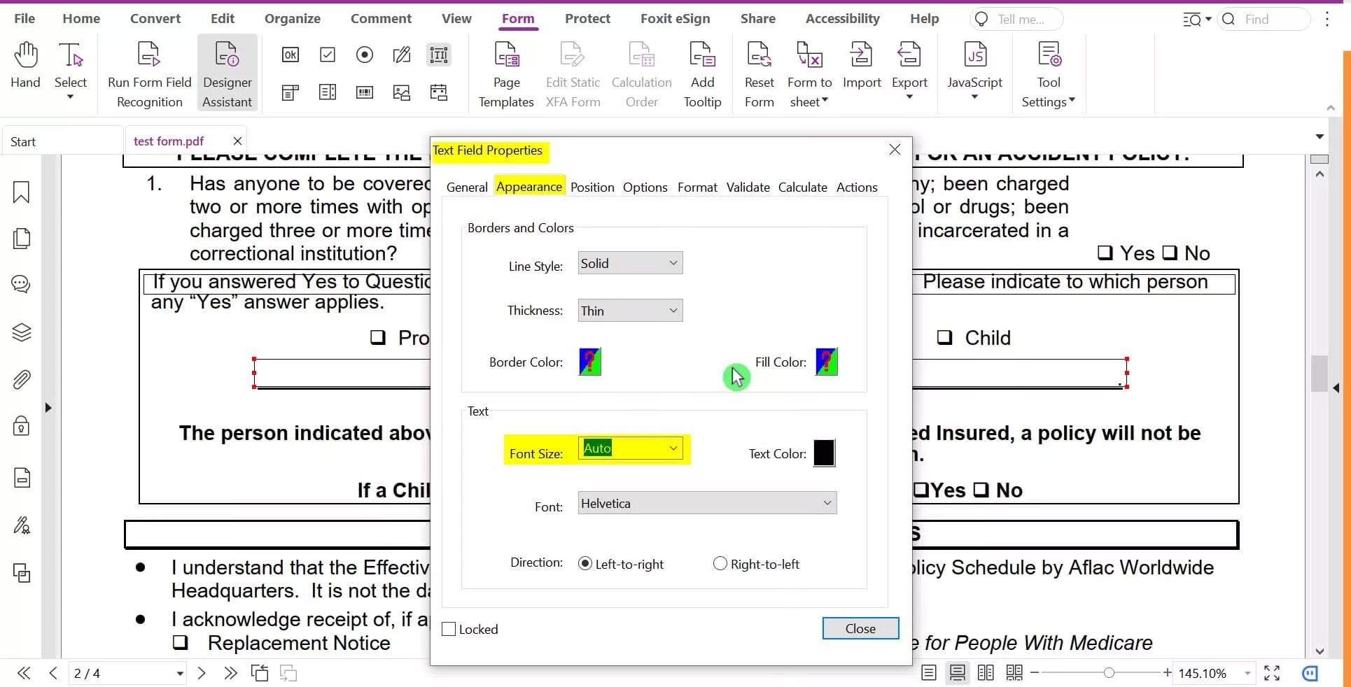 select the font size in text field properties in foxitでフォントサイズのテクストフィールドを選択する