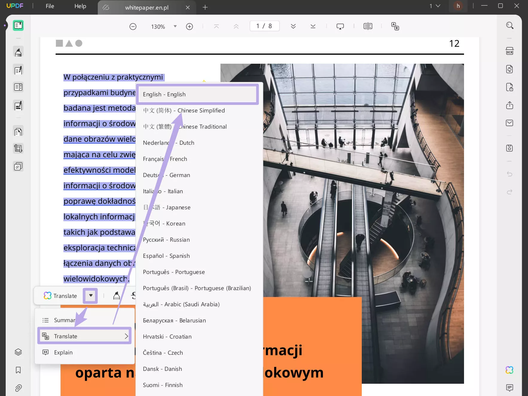 Select to translate Polish to English PDF with UPDF on Windows